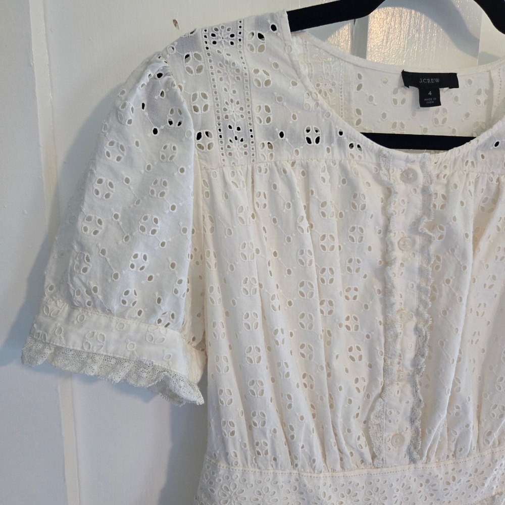 J.Crew White Eyelet Lace Cotton Mini Dress Short Puff Sleeve Button Front Size 4 - Picture 7 of 16